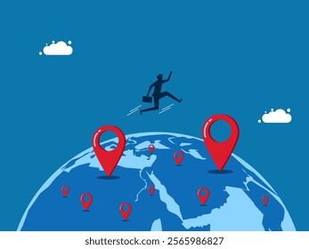 Expanding Branches. Relocation. Businessman jumps to new map pins. vector