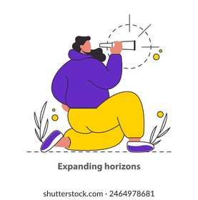 Expanding Horizons concept A character peers through a spyglass, symbolizing the search for new opportunities and vistas An inspiring scene of anticipation and possibility Vector illustration