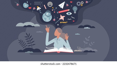 Expanding knowledge horizon with personal mind education training tiny person concept. Academic wisdom growth with various competences vector illustration. Reading process as intellect or mind boost.