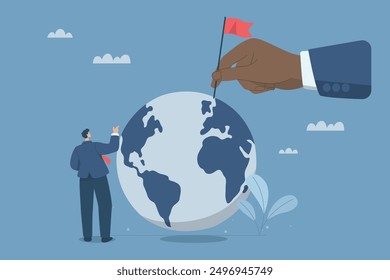 Expanding market services worldwide, International business growth concept, Global business success, Businessman hands put flag on a global map, Vector design illustration.