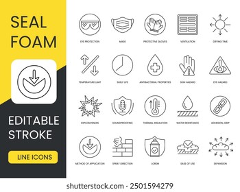 Expanding mounting foam vector line icon set with editable stroke, mounting foam and properties, drying time and ventilation, protective gloves and mask, eye protection and hazard, antibacterial
