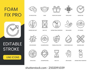 Expanding mounting foam vector line icon set with editable stroke, mounting foam and properties, drying time and ventilation, protective gloves and mask, eye protection and hazard, antibacterial