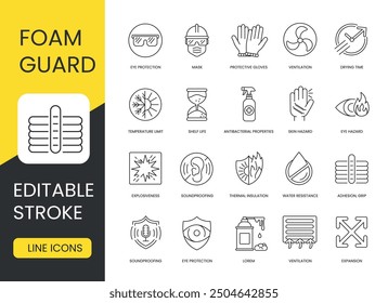 Expanding mounting foam vector line icon set with editable stroke, mounting foam and properties, drying time and ventilation, protective gloves and mask, eye protection and hazard, antibacterial.