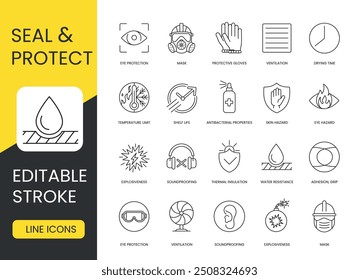 Expanding mounting foam vector line icon set with editable stroke, mounting foam and properties, drying time and ventilation, protective gloves and mask, eye protection and hazard, antibacterial.