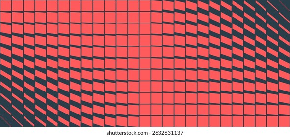 Expanding red rectangular cells distort toward edges in a visual pulse of energy. Clean vector design with depth and modernity great for abstract projects or tech-based concepts. Ultra wide wallpaper