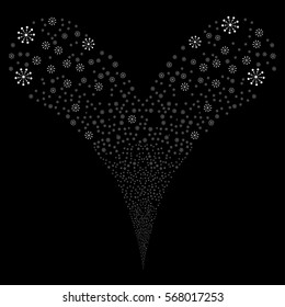 Expanse fireworks stream. Vector illustration style is flat white iconic symbols on a black background. Object double fountain combined from random pictograms.