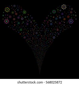 Expanse fireworks stream. Vector illustration style is flat bright multicolored iconic symbols on a black background. Object double fountain organized from random icons.