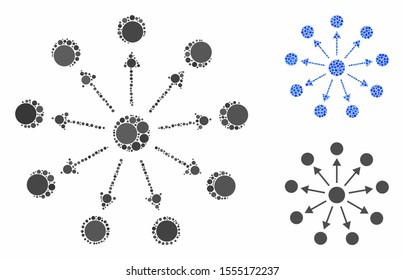 Expanse mosaic of small circles in variable sizes and shades, based on expanse icon. Vector small circles are composed into blue collage. Dotted expanse icon in usual and blue versions.