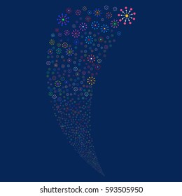 Expanse random fireworks stream. Vector illustration style is flat bright multicolored iconic symbols on a blue background. Object fountain constructed from scattered symbols.