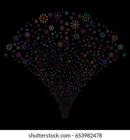 Expanse salute stream. Vector illustration style is flat bright multicolored iconic symbols on a black background. Object stream fountain constructed from random pictograms.