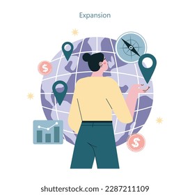 Expansion. Business progress and company branches or franchise global spreading. Worldwide development and improvement. Flat vector illustration