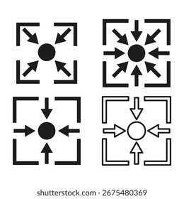 Symbole für Expansion und Kontraktion. Schwarze Vektorgrafik-Symbole. Abbildung mit Richtungspfeil. Geometrisches Bewegungskonzept. EPS 10.