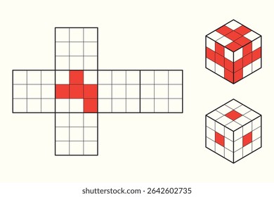 Expansão do cubo. Exibição aberta e fechada do cubo. Cubo matemático e geométrico. Cubo que consiste em quadrados unitários.