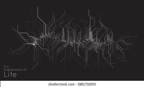 Expansion of Cyber life. Vector AI neuron network. Small particles defined motion. Organic geometric growth of tentacles. Space colonization. Burst, explosion backdrop.