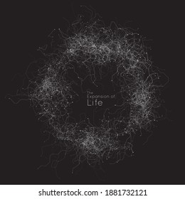 Erweiterung der Cyberlebensdauer. Vektor AI Neuronennetz. Kleine Partikel definierte Bewegung. Organisches geometrisches Wachstum von Tentakeln. Raumkolonisierung. Burst, Explosionshintergrund.