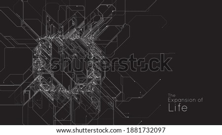 Expansion of Cyber life. Vector AI neuron network. Small particles defined motion. Organic geometric growth of tentacles. Space colonization. Burst, explosion backdrop.