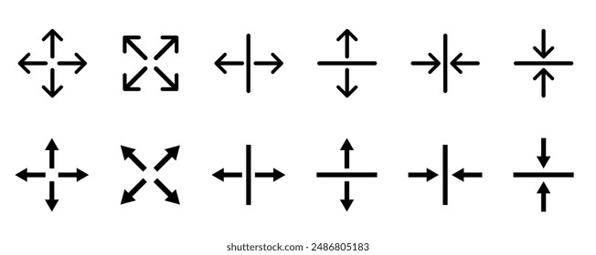 Erweiterungssymbol. Pfeilsymbole. Pfeilrichtungssymbol mit vier verschiedenen Vektorgrafiken. Pfeile, die nach oben, unten, rechts und links zeigen. Pfeile Kollektion auf weißem Hintergrund.