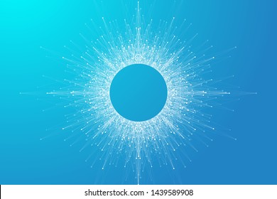 Expansion Of Life. Blue Explosion Background With Connected Line And Dots, Wave Flow. Visualization Quantum Technology. Abstract Graphic Background Explosion, Motion Burst, Vector Illustration