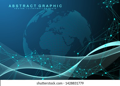 Expansion of life. Colorful explosion background with connected line and dots, wave flow. Visualization Quantum technology. Abstract graphic background explosion, motion burst, vector illustration