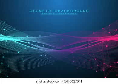 Expansion of life. Colorful explosion background with connected line and dots, wave flow. Visualization Quantum technology. Abstract graphic background explosion, motion burst, vector illustration