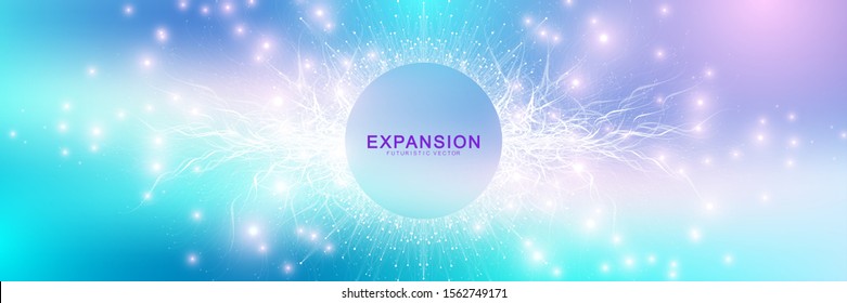 Expansion of life. Colorful explosion background with connected line and dots, wave flow. Visualization Quantum technology. Abstract graphic background explosion, motion burst, vector illustration.
