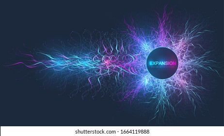 Expansion of life. Colorful explosion background with connected line and dots, wave flow. Visualization Quantum technology. Abstract graphic background explosion, motion burst, vector illustration.