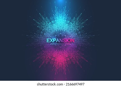 Expansion of life. Colorful explosion background with connected line and dots, wave flow. Visualization Quantum technology. Abstract graphic background explosion, motion burst, vector illustration.