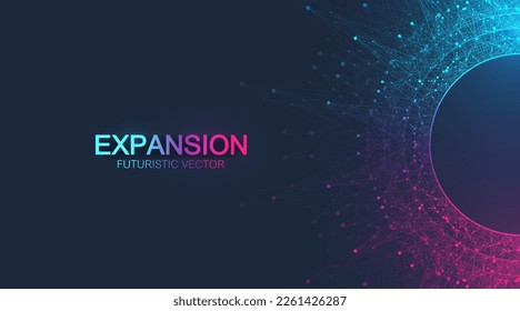 Expansion of life. Colorful explosion background with connected line and dots, wave flow. Visualization Quantum technology. Abstract graphic background explosion, motion burst, vector illustration.