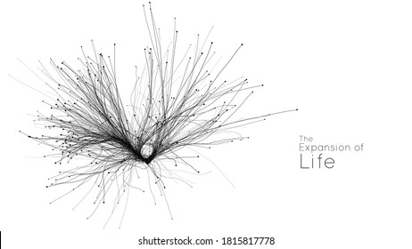 Expansion of life. Vector neuron growth. Small particles strive out of center randomly. Organic growth of tentacles. Space colonization. Burst, explosion backdrop.