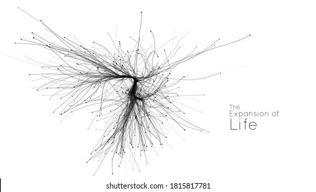 Expansion of life. Vector neuron growth. Small particles strive out of center randomly. Organic growth of tentacles. Space colonization. Burst, explosion backdrop.