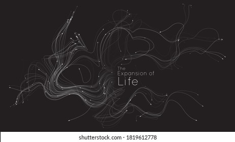 Expansion of life. Vector neuron growth. Small particles strive out of center randomly. Organic growth of tentacles. Space colonization. Burst, explosion backdrop.