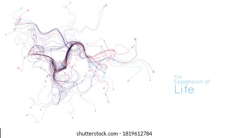 Expansion of life. Vector neuron growth. Small particles strive out of center randomly. Organic growth of tentacles. Space colonization. Burst, explosion backdrop.