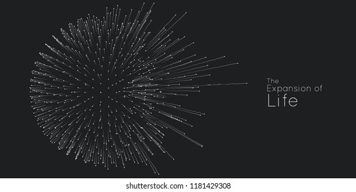 Expansion of life. Vector sphere explosion background. Small particles strive out of center. Blurred debrises into rays or lines under high speed of motion. Burst, explosion backdrop