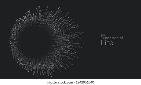 Expansion of life. Vector sphere explosion background. Small particles strive out of center. Blurred debrises into rays or lines under high speed of motion. Burst, explosion backdrop