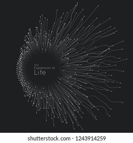 Expansion of life. Vector sphere explosion background. Small particles strive out of center. Blurred debrises into rays or lines under high speed of motion. Burst, explosion backdrop