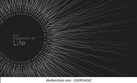 Expansion of life. Vector sphere explosion background. Small particles strive out of center. Blurred debrises into rays or lines under high speed of motion. Burst, explosion backdrop