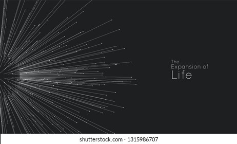 Expansion of life. Vector sphere explosion background. Small particles strive out of center. Blurred debrises into rays or lines under high speed of motion. Burst, explosion backdrop