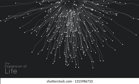 Expansion of life. Vector sphere explosion background. Small particles strive out of center. Blurred debrises into rays or lines under high speed of motion. Burst, explosion backdrop