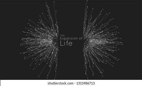 Expansion of life. Vector sphere explosion background. Small particles strive out of center. Blurred debrises into rays or lines under high speed of motion. Burst, explosion backdrop