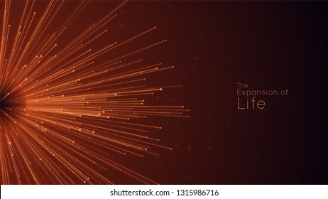 Expansion of life. Vector sphere explosion background. Small particles strive out of center. Blurred debrises into rays or lines under high speed of motion. Burst, explosion backdrop