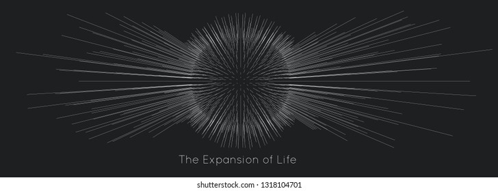 Expansion of life. Vector sphere explosion background. Small particles strive out of center. Blurred debrises into rays or lines under high speed of motion. Burst, explosion backdrop.