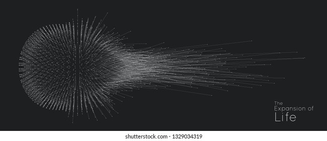 Expansion of life. Vector sphere explosion background. Small particles strive out of center. Blurred debrises into rays or lines under high speed of motion. Burst, explosion backdrop
