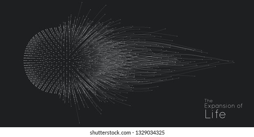 Expansion of life. Vector sphere explosion background. Small particles strive out of center. Blurred debrises into rays or lines under high speed of motion. Burst, explosion backdrop