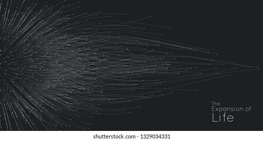 Expansion of life. Vector sphere explosion background. Small particles strive out of center. Blurred debrises into rays or lines under high speed of motion. Burst, explosion backdrop