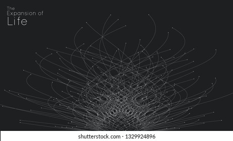 Expansion of life. Vector sphere explosion background. Small particles strive out of center. Blurred debrises into rays or lines under high speed of motion. Burst, explosion backdrop