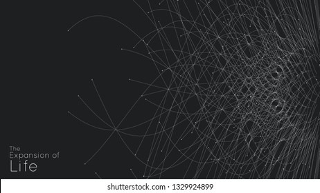 Expansion of life. Vector sphere explosion background. Small particles strive out of center. Blurred debrises into rays or lines under high speed of motion. Burst, explosion backdrop