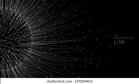 Expansion of life. Vector sphere explosion background. Small particles strive out of center. Blurred debrises into rays or lines under high speed of motion. Burst, explosion backdrop