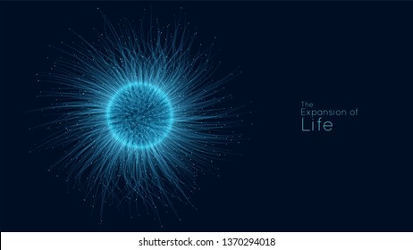 Expansion of life. Vector sphere explosion background. Small particles strive out of center. Blurred debrises into rays or lines under high speed of motion. Burst, explosion backdrop