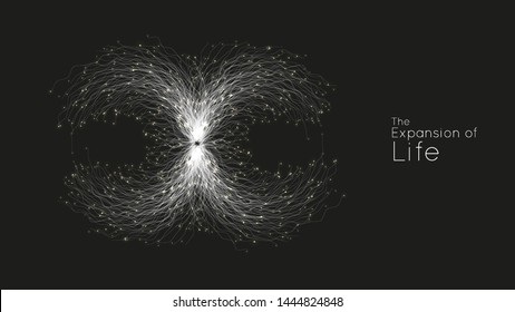 Expansion of life. Vector sphere explosion background. Small particles strive out of center. Blurred debrises into rays or lines under high speed of motion. Burst, explosion backdrop.