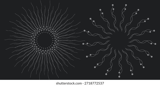 Expansión de la vida. Fondo de explosión de esfera de Vector. Las Pequeñas partículas luchan fuera del centro. Desechos borrosos en rayos o líneas bajo alta velocidad de movimiento. Explosión, fondo de explosión